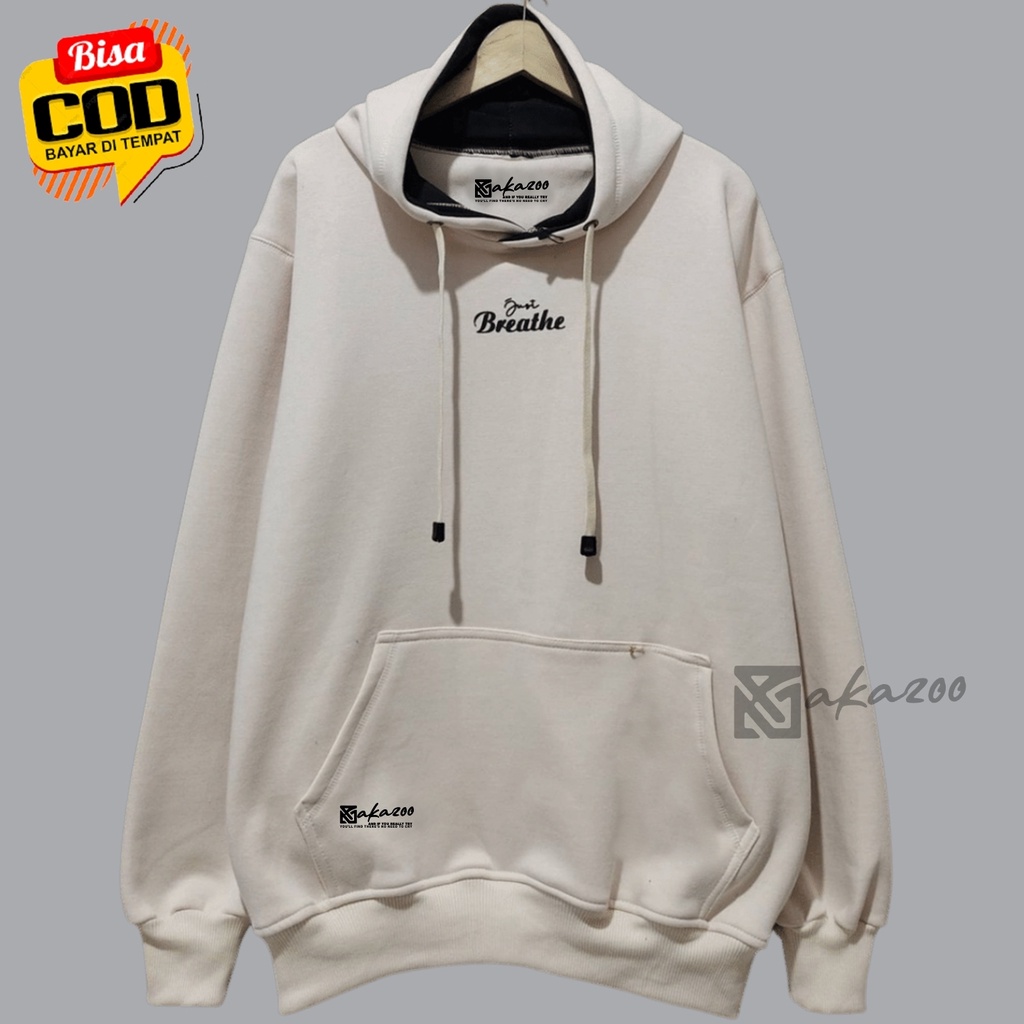 hoodie pria distro original brand akazoo warna cream volume tulisan hitam switer cowok keren terbaru 2021 hodie oversize wanita korea style sweater wanita murah jumbo xxl hoodie polos tebal jamper pria unisex m L XL XXL premium akazo ofisal