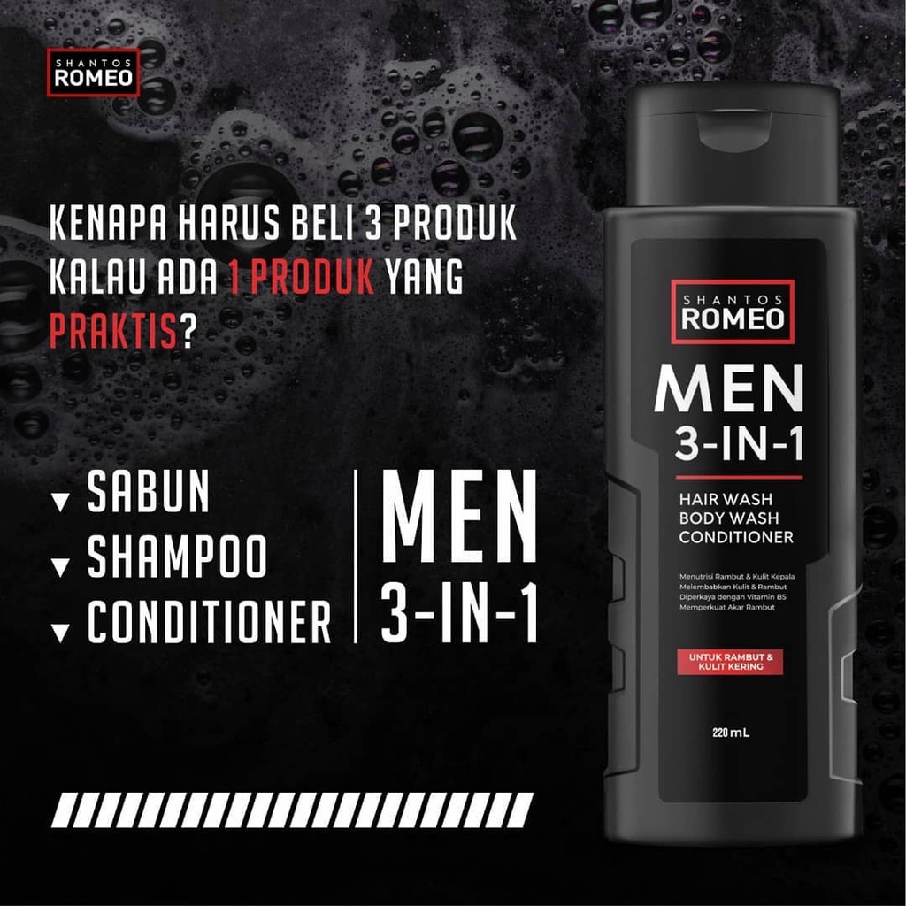 ORIGINAL Shantos Romeo Men 3in1 220ml Shampoo Conditioner &amp; Body Wash / Shampo Sabun Mandi