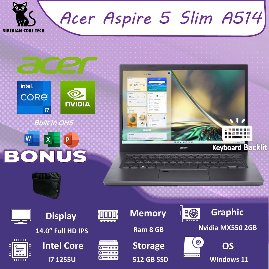 ACER ASPIRE 5 SLIM A514 MX550 2GB/ I7 1255U 8GB 512SSD W11+OHS 14.0FHD IPS THUNDERB BLIT FP 1/3/0+ADP GRY -55G.75BB