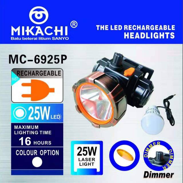 MIKACHI Senter Kepala 25 Watt Dimmer MC 6925P Bonus Lampu Led Head Lamp Mikaci 25W Dimer HeadLight Baterai Lithium Belor Termurah Berkualitas