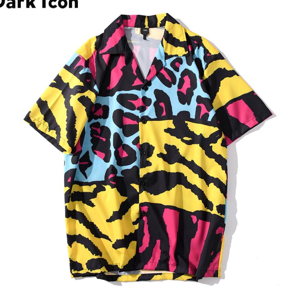 TERMURAH Dark Icon Leopard Patchwork Hawaiian Shirts Men Vintage Street Men's Polo Shirt