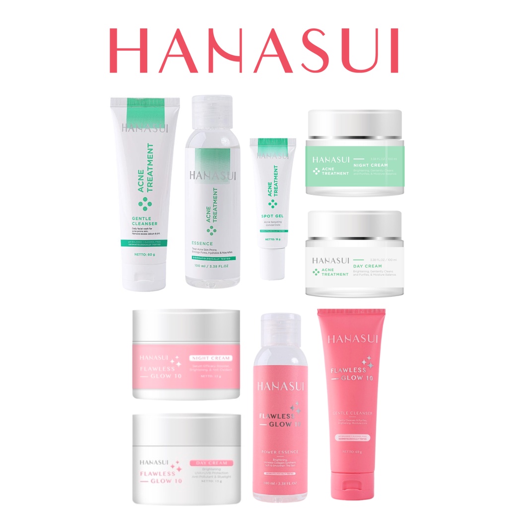 Hanasui Flawless Glow 10 | Acne Treatment Gentle Cleanser Essence Toner Day Night Cream Spot Gel Perawatan Kulit Wajah BPOM