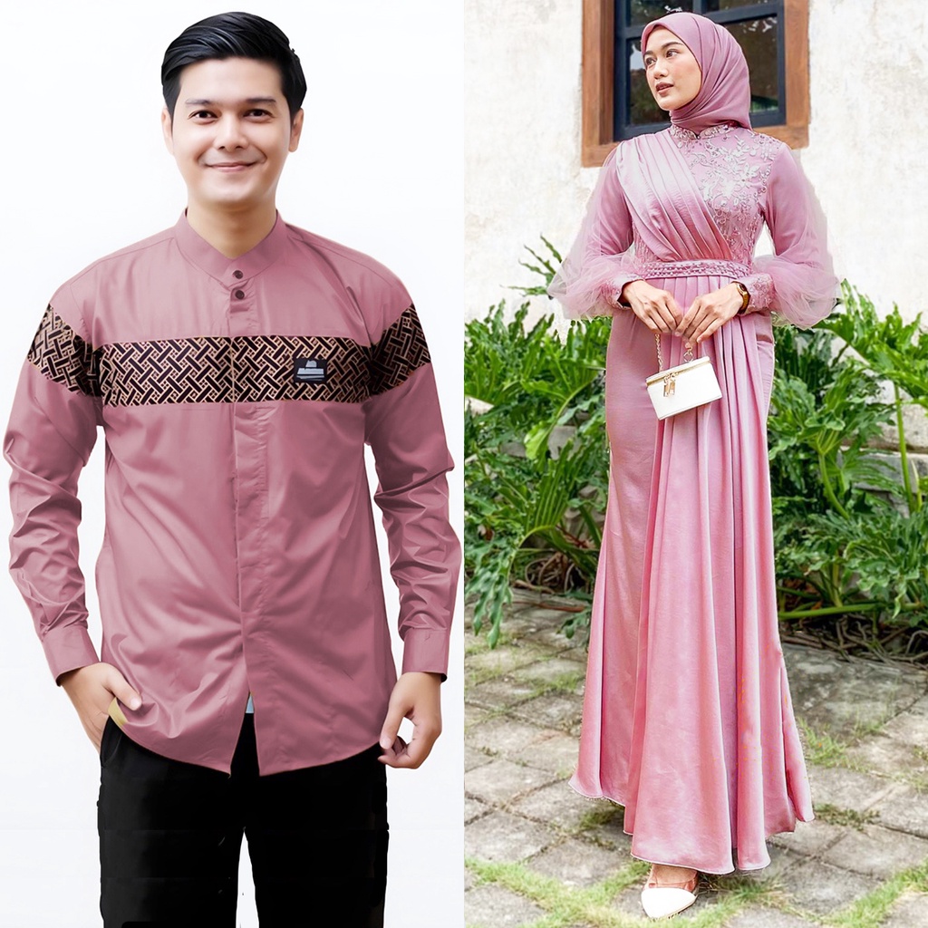 SOLO BATIK - Baju Couple Gamis Brukat Tulle Mix Velvet Payet Premium OOTD Couple Sarimbit Lebaran Terbaru 2023 Koko Lengan Panjang Dewasa Terlaris