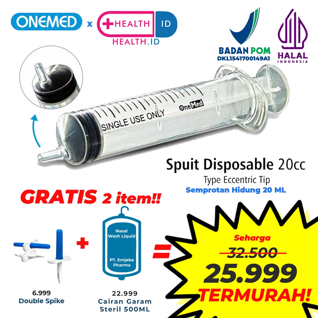 Paket Cuci Hidung - ONEMED_SPUIT 20CC, Double Spike, 500ml Nasal Wash