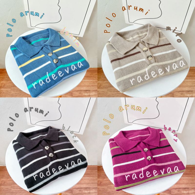 ATASAN RAJUT POLO ARUMI STRIPE KNIT TOP BLOUSE BERKERAH MOTIF GARIS