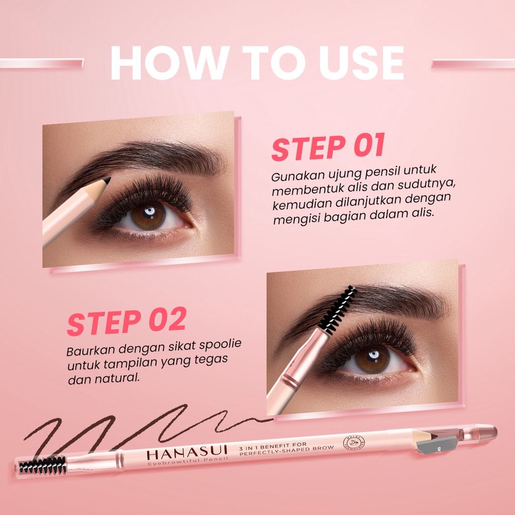 HANASUI Eyebrowtiful Pencil Indonesia / Pensil Alis 1.6g / 3 IN 1 Benefit For Perfectly Shaped Brow / Spoolie Sharpener Long Lasting Waterproof / Eyebrow Serutan / Black Light Brown / Hitam Coklat / Cosmetic Makeup Eye Make Up / Eye Tiful Browtiful Series