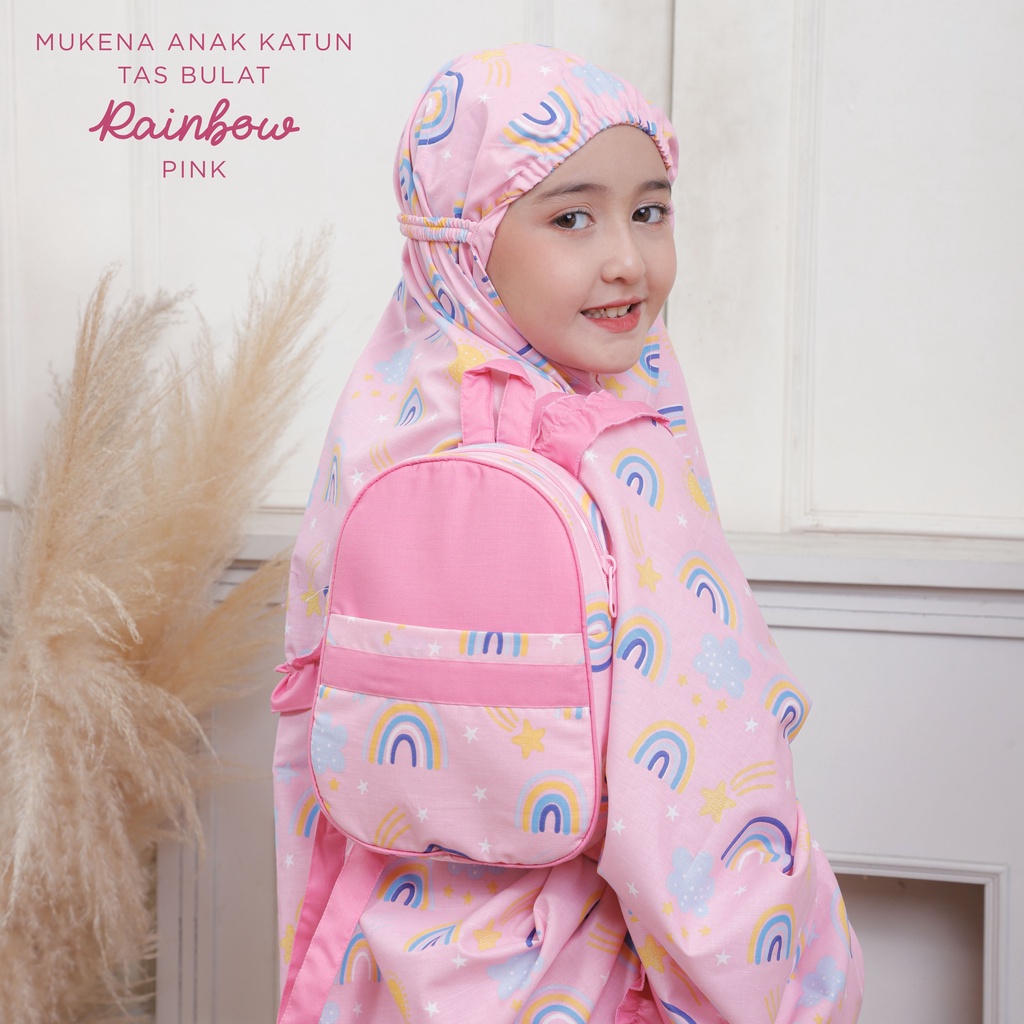 MUKENA BALI TASIK - MUKENA ANAK KATUN MOTIF RAINBOW PINK (TAS BULAT &amp; TAS SAJADAH)