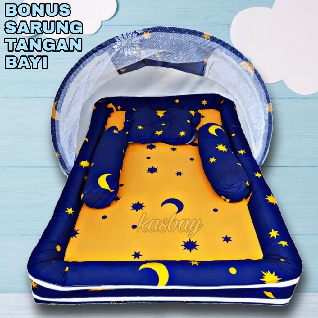 Kasur Bayi Kelambu Set Lengkap Bantal Guling + Bonus Sarung Tangan Bayi Dan Tas Mika TERBARU