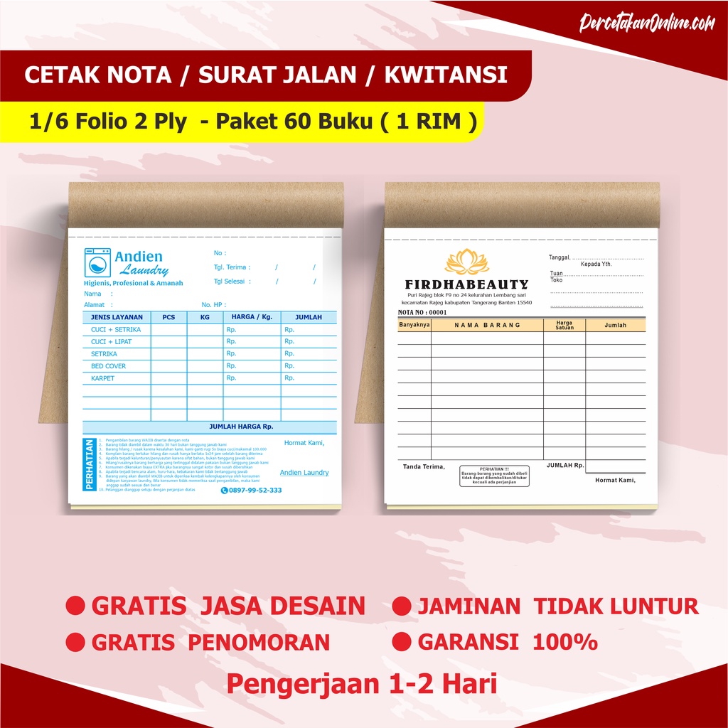 

Nota custom 2 ply 1/6 folio paket 60 buku ( 1 RIM )