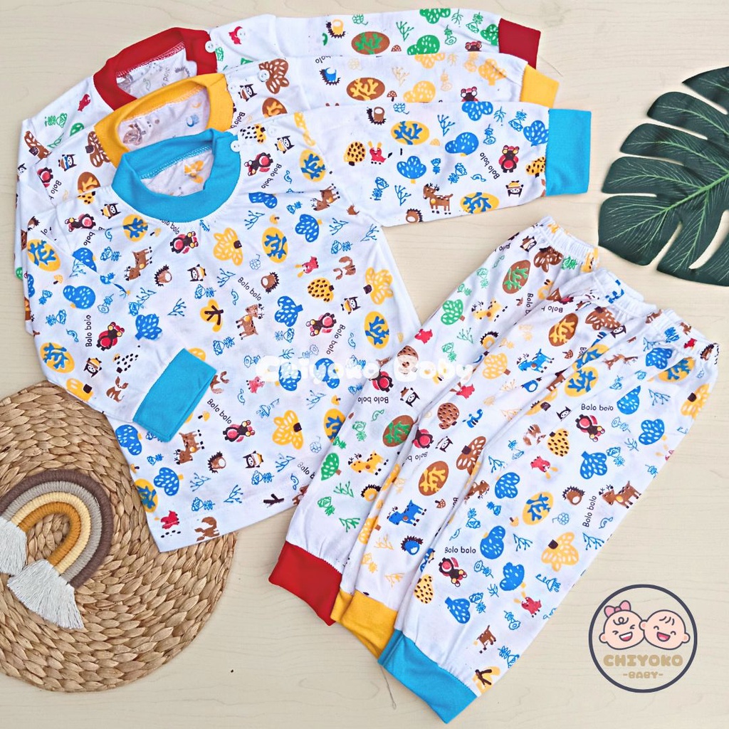 Setelan Baju Bayi Setelan Piyama Bayi Lengan Panjang Kancing Pundak Usia 3-12 Bulan Motif Animal Dan Pohon