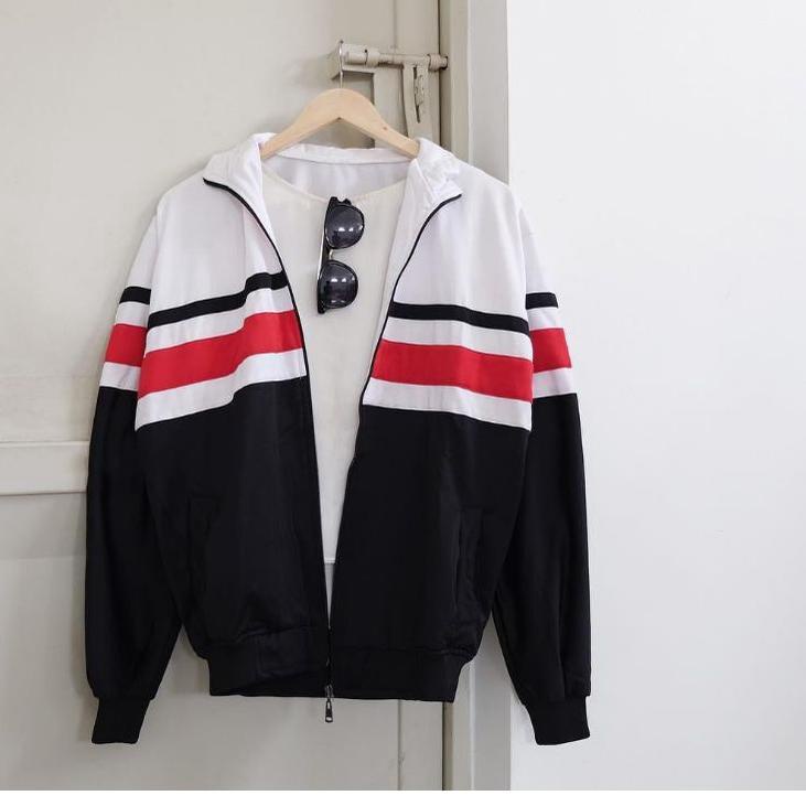☂ Jaket tracktop putih hitam garis merah ♔