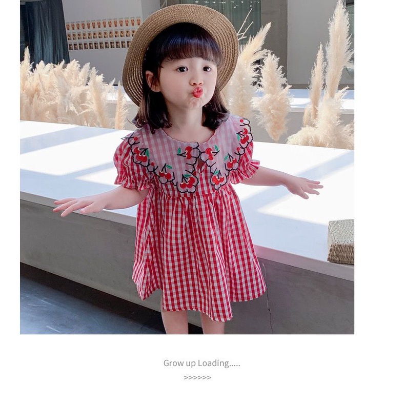 Dress Anak Perempuan Fashion Import - Motif Kotak Merah Kerah Lace Cherry