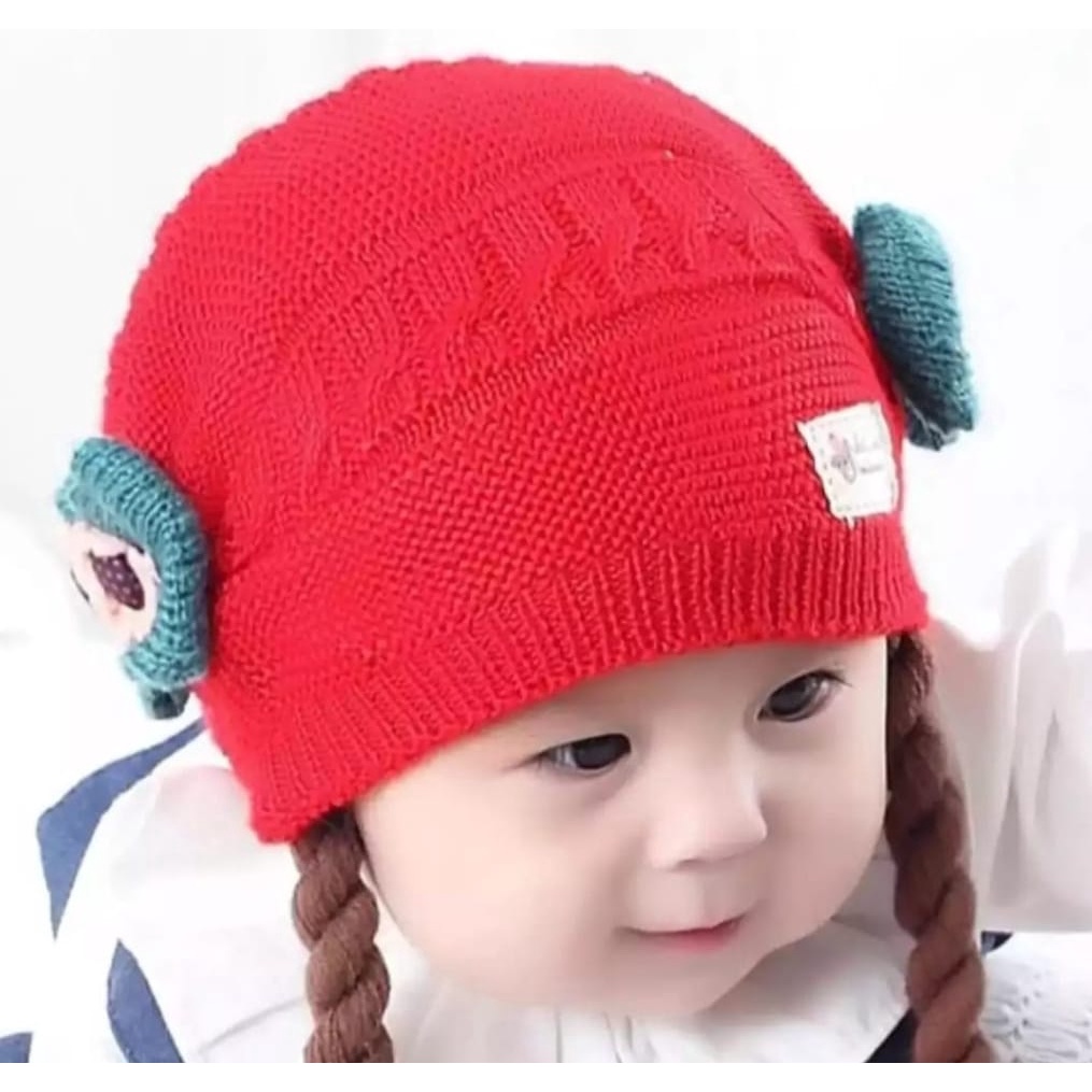 Kupluk Pompom Polos Kepang Bayi / Anak Usia 6 Bulan - 3 Tahun Bahan Rajut bisa bayar di tempat