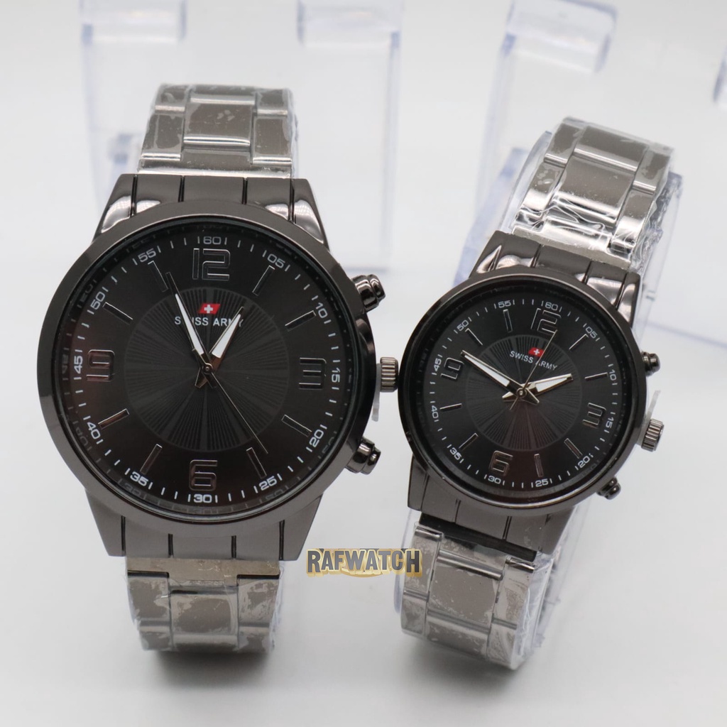 Jam Tangan Pasangan Pria Wanita Analog Casual Rantai Stainless Silver Hitam RPA12