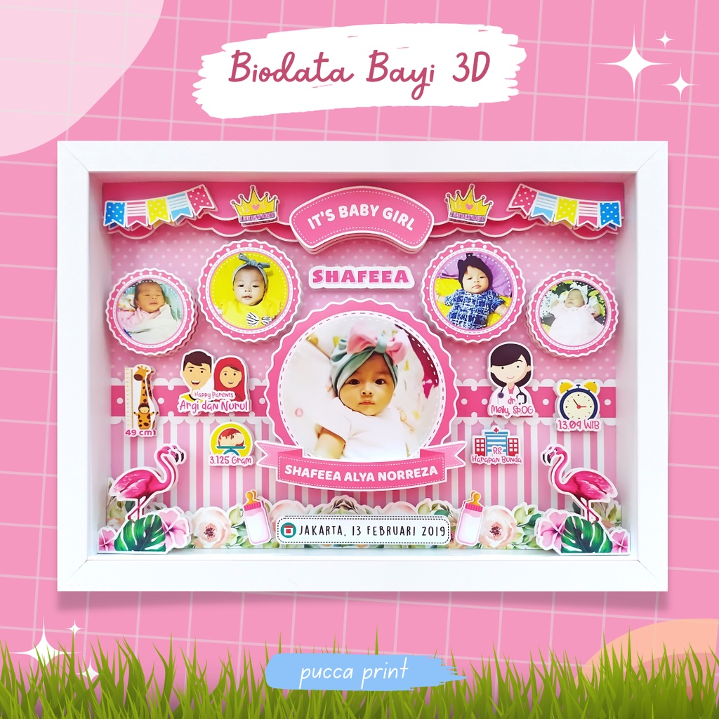 FOTO BIODATA BAYI 3D /POP UP / UKURAN 12R /BESAR /MURAH/TEMA FLAMINGO PINK