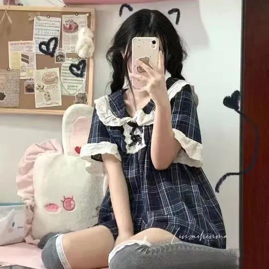 Piyama baru Jepang lengan pendek boneka kerah renda renda renda bagian tipis putri angin dalam setel