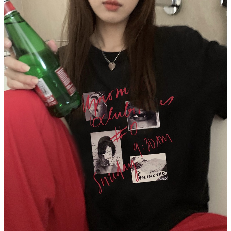Print T-shirt Kaos Lengan Pendek Vintage Records Atasan Wanita Korean Style