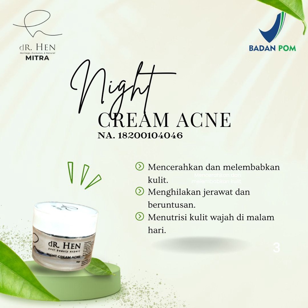 (READY STOK) SIAP KIRIM dr Hen Skincare - dR. HEN Night Cream Acne , SKINCARE BPOM ORIGINAL DR. RICH