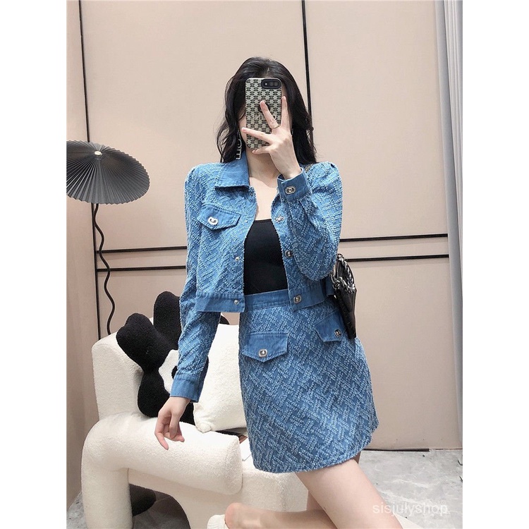 [✅BISA COD] #Sisjuly# Setelan busana denim wanita atasan jaket pendek berdada tunggal + rok pendek s