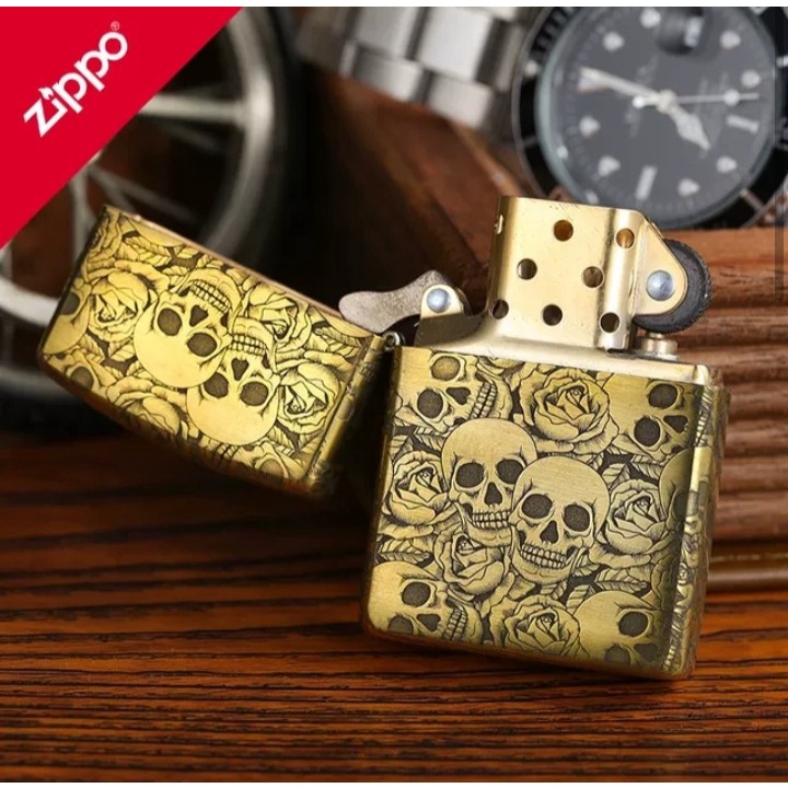 Korek Api Jippo Gold Matte USA Logo Grade Ori Grafir Skull 2 Sisi