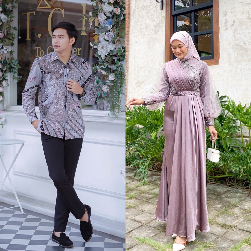 MAXI DRESS MELODY MAUVE SERIES - Griya Batik Couple - Baju Couple Batik Dress Elegant Pesta Kondangan Lamaran Bridesmaid - Dress Lebaran Modern Terbaru 2023 - Gamis Wanita Brukat Tulle Mutiara Mix Velvet - Couple Tunangan Simple