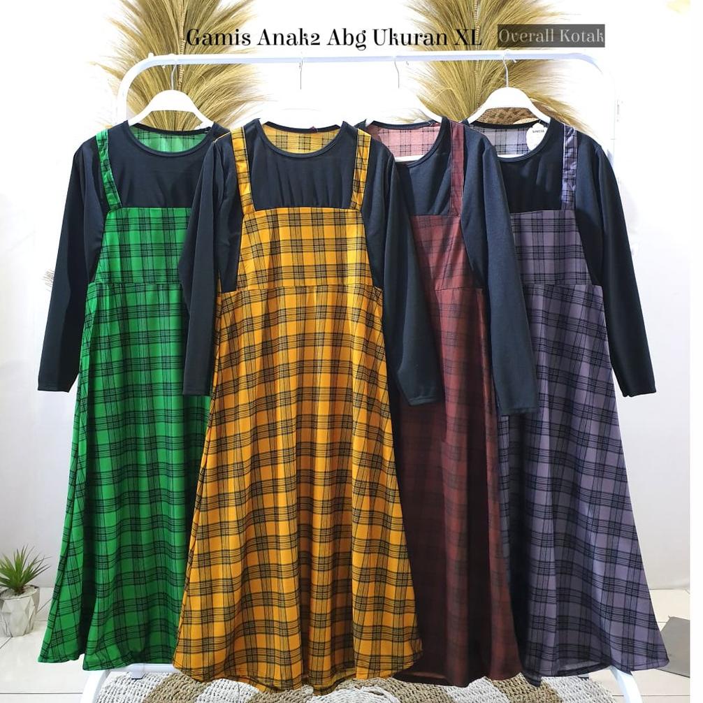 Terbaru Gamis Anak Perempuan Model Overall Printing Kotak ( 6 - 13 tahun ) Gamis Anak Cantik Terbaru