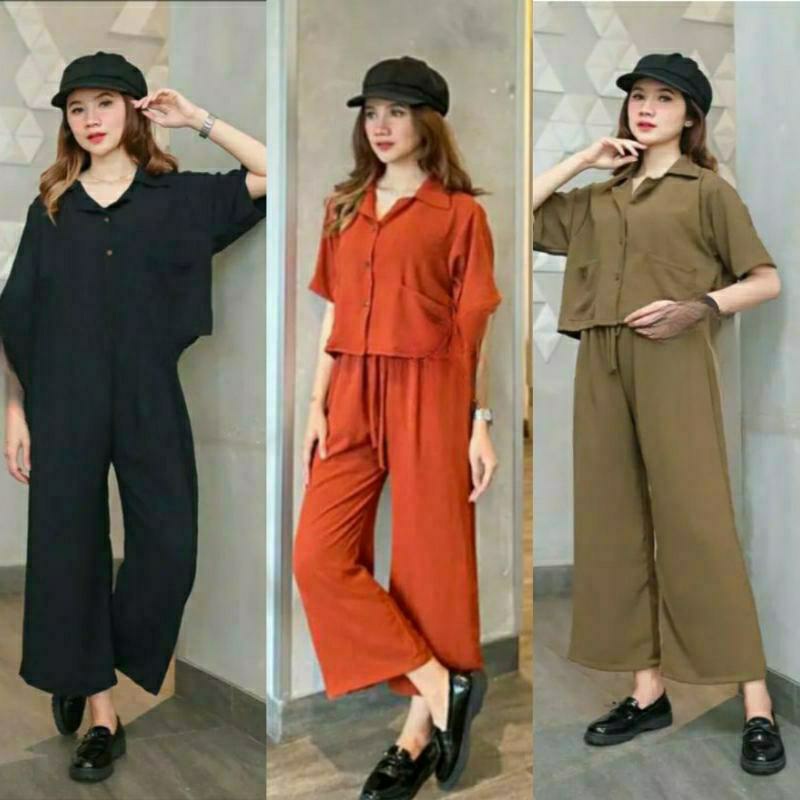 Malika Setelan Crop Top Crinkle Airflow One Set Lengan Pendek Korean Style