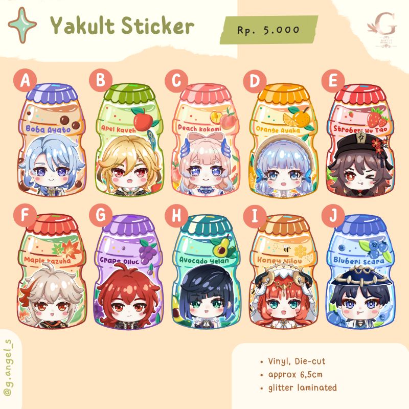 

Genshin Impact Yakult Sticker (Ayato, kaveh, kokomi, ayaka, hutao, kazuha, diluc, yelan, nilou, wanderer)