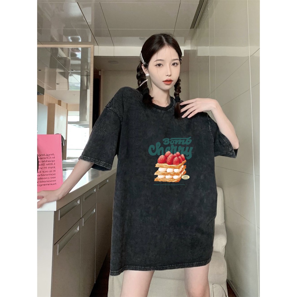 XIAOZHAINV Korean Style Cake Art Pattern Washed Printing Kaos Wanita A0267