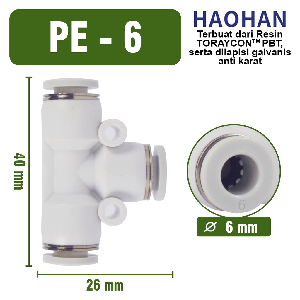 PE T connector Push In Fitting Konektor Slip Lock aeroponik Pneumatic Fitting 3 Arah Cabang T