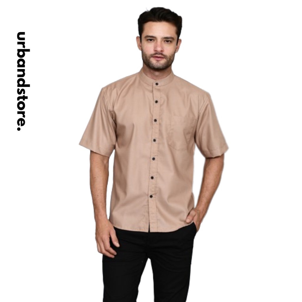 Kemeja Koko Pria Lengan Pendek Baju Muslim Kemko Kerang Changi Premium Terbaru Coklat Susu
