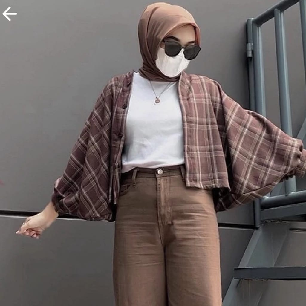 RX FASHION - KEMEJA JENNIE BATWING TARTAN OVERSIZE XXL / OUTER BALON GRID SQUARE TARTAN / OUTER BALON FLANEL