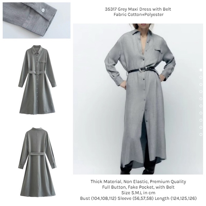 35317 Dress Panjang Wanita Abu Abu Grey Maxi Dress Free Belt