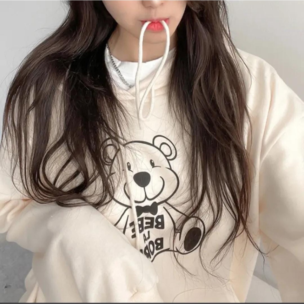 HOODIE WANITA OVERSIZE BEBE LA BORD KOREAN STYLE PREMIUM SIZE XL FLEECE TEBAL HALUS TERBARU'