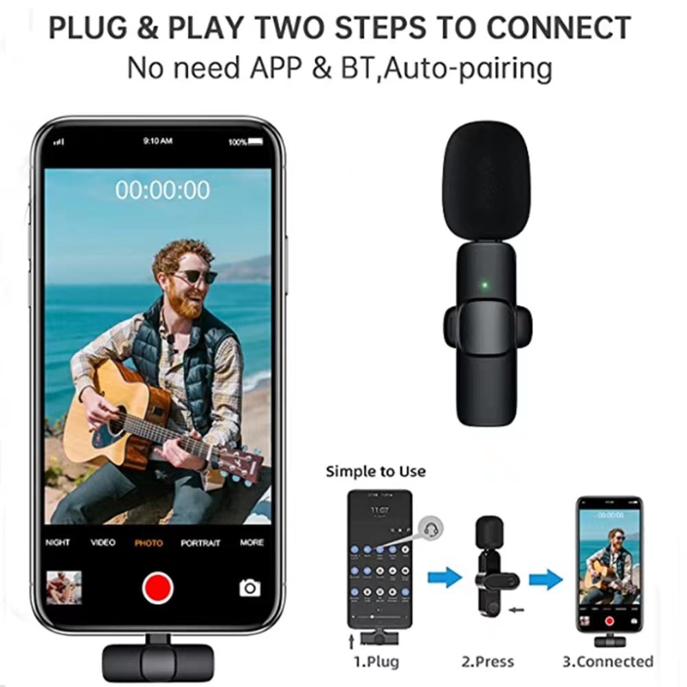 Mikrofon Nirkabel Wireless/berkendara gratis/Pasang dan mainkan/ Lavalier Mic Portabel Audio Video pembuatan Rekaman HP Klip Untuk IPhone Android Mic Wireless HP vlog youtube smartphone