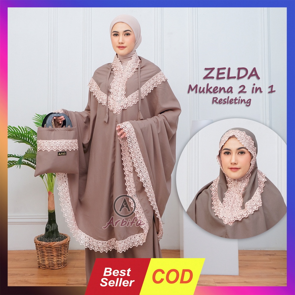 Mukena 2 in 1 Traveling Dewasa Katun Premium Adem Mewah Renda Kalung Zipper Series Zelda