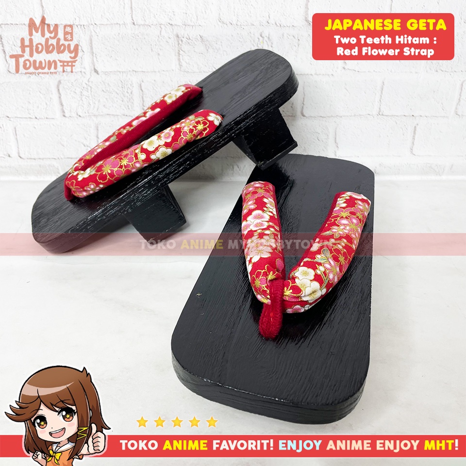 Geta Two Teeth Hitam (Tradisional) : Red Flower Strap Bakiak Sandal Kayu