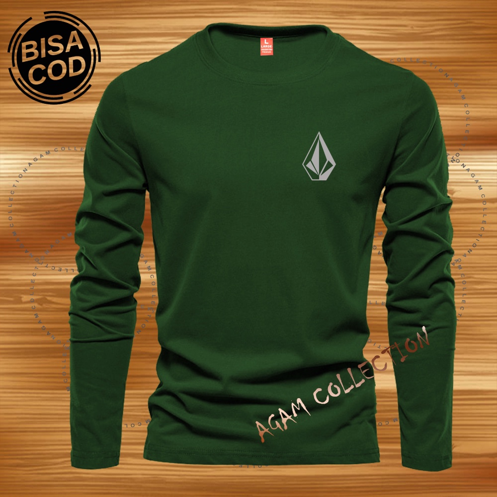 Agam Collection Baju Kaos Distro Volc Logo Text Silver Lengan Panjang Premium Quality Kaos Pria Keren Kaos Cewek/Cowok