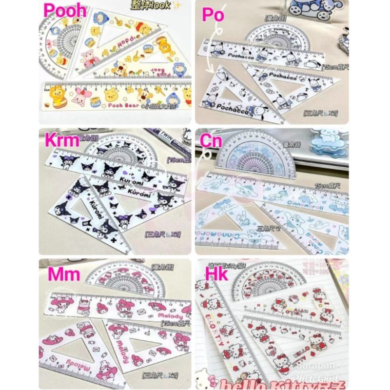 Penggaris bujur segitiga set isi 4 Sanrio