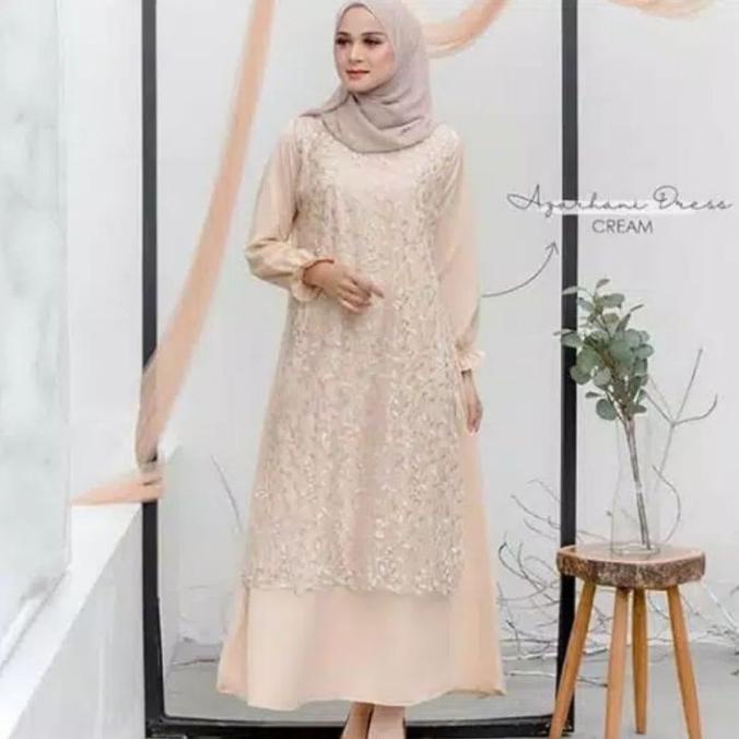 MURAH Dress Baju Gamis Brukat Kondangan Renda Polos AJARHANI Warna Cream