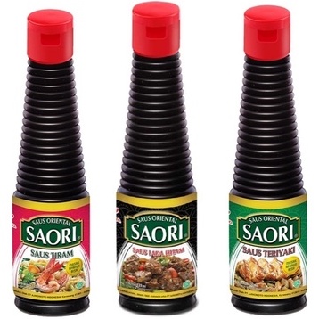 

saori saus tiram 133ml, lada hitam 133ml dan teriyaki 135ml