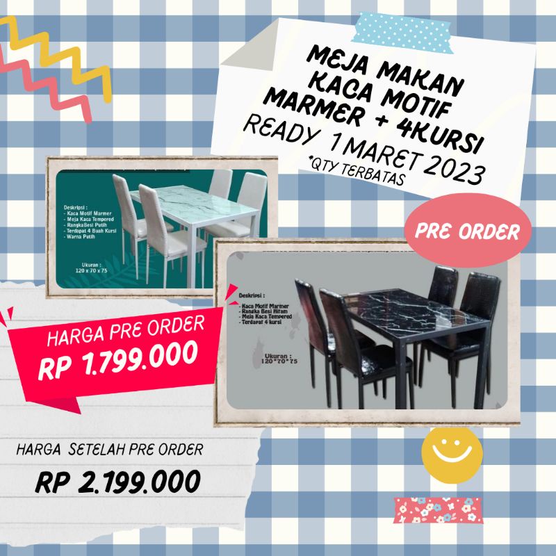 Meja makan kaca motif marmer