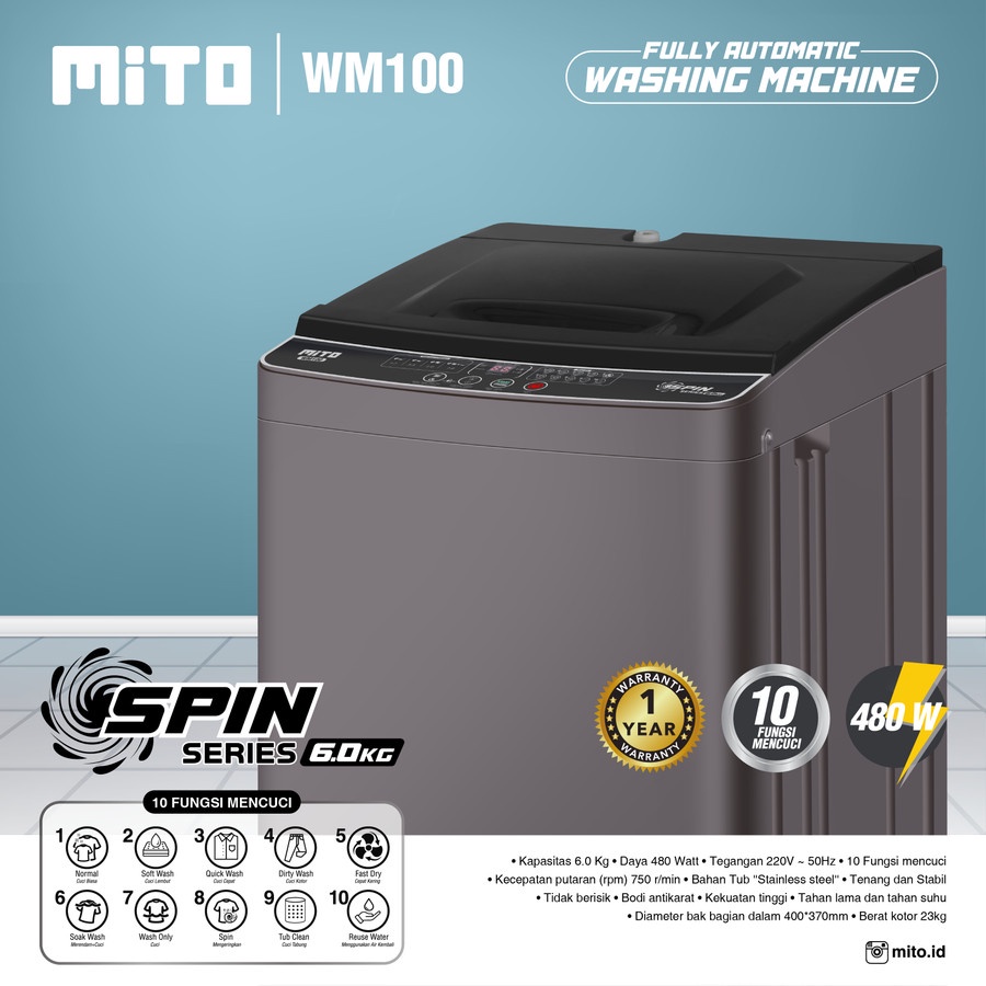 Mesin Cuci MITO WM 100 1 Tabung Otomatis WM100 Top Loading 6 KG