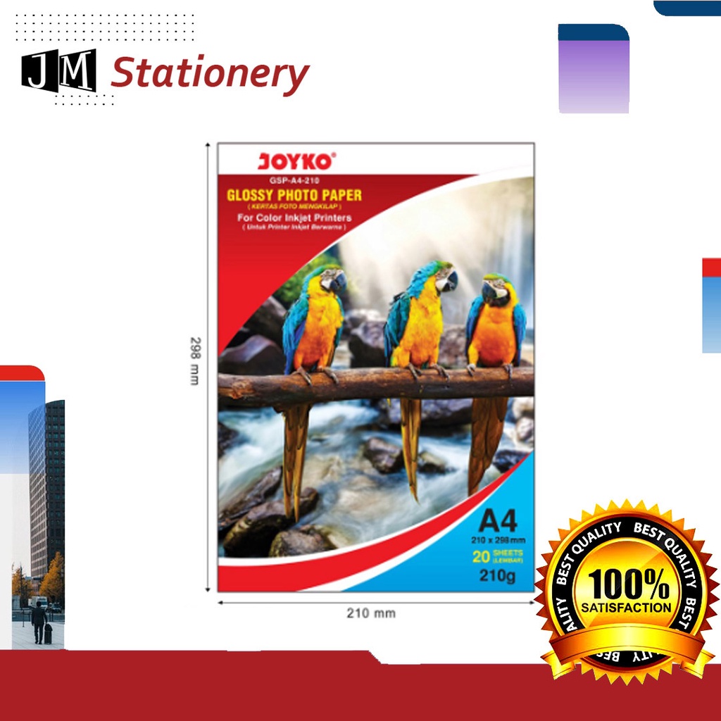 

Kertas Foto Glossy 210 gsm A4 isi 20 / Photo Paper Tebal SINGLE SIDE 210 gram - Merk JOYKO GSP A4 210