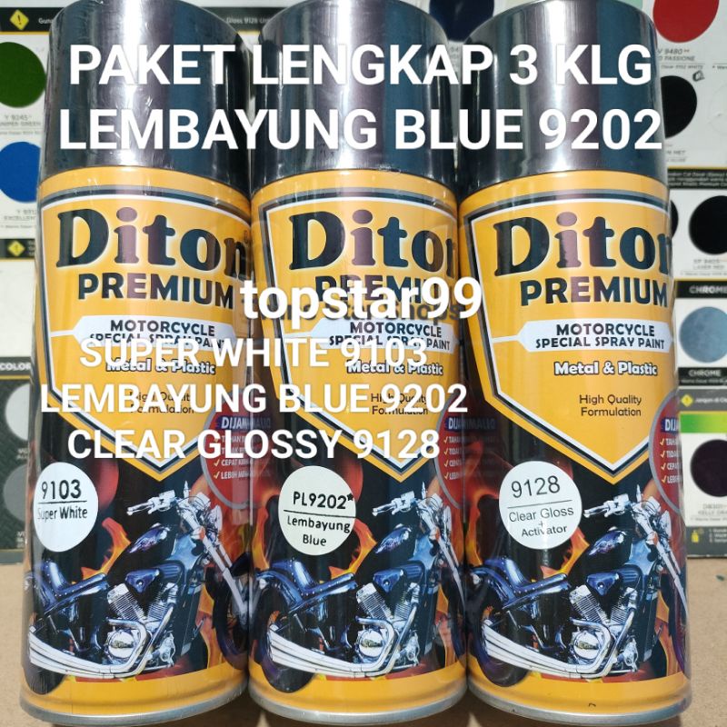 Pilok Cat Diton Premium Paket Lengkap 3 Kaleng Lembayung Blue Biru 9202 Super White 9103 Clear Gloss 9128 400cc Pilox Paketan Cat Semprot Special Spray Paint