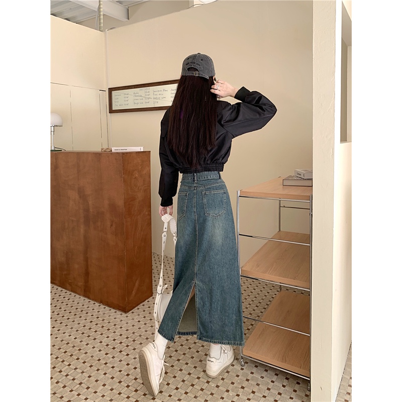 ROK Jeans Wanita Biru Retro / Highwaist Kasual Rok A-line Denim Wanita Korean