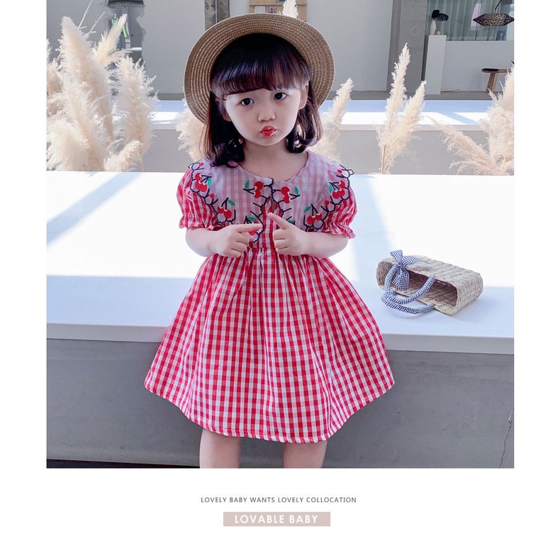 Dress Anak Perempuan Fashion Import - Motif Kotak Merah Kerah Lace Cherry