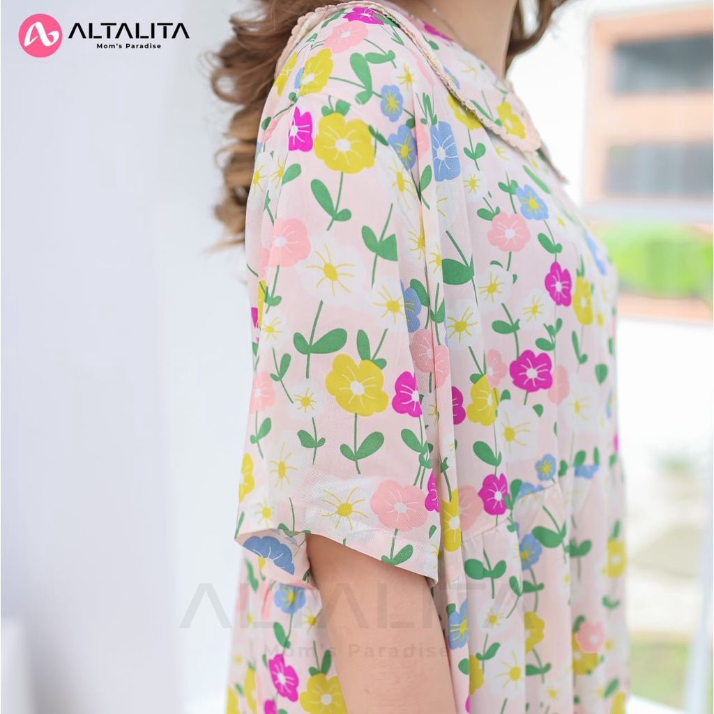 Altalita - Daster Kerah Renda Cantik Wanita Busui Lengan Pendek Bahan Rayon Premium Panjang Semata Kaki Remaja Motif Kekinian Jumbo LD 120