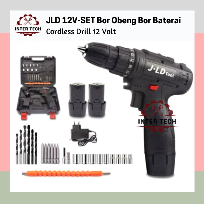 Mesin Bor Cordless 12v JLD Hitam Fulset Lengkap Komplit Full Fitur Besi Beton Kayu Tembok Obeng Sekr