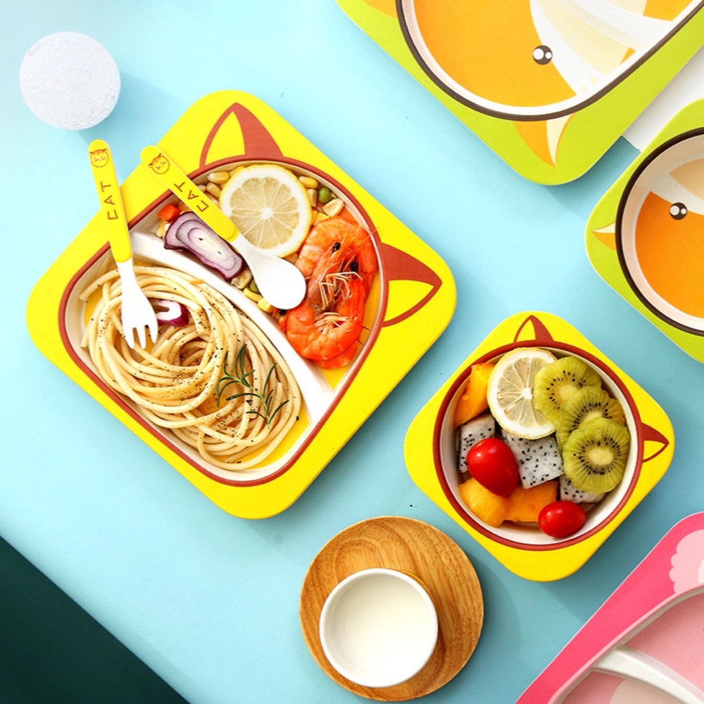 T24 - 5 PCS Feeding Set Bamboo Set | Alat Makan Anak Karakter Lucu | Perlengkapan Makan Anak Bayi 5in1 MPASI